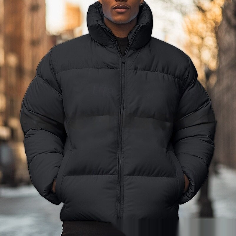 Solid-color Fleece-lined Down Jacket For Men
