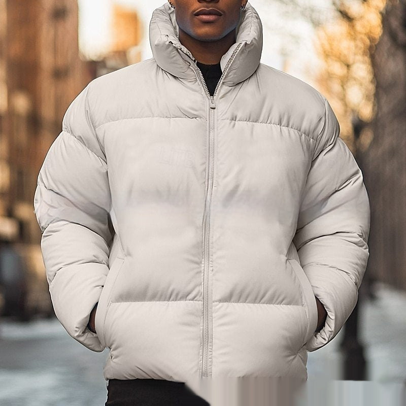 Solid-color Fleece-lined Down Jacket For Men